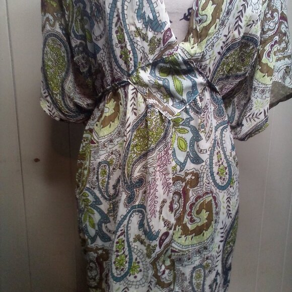 Paper Tee Blouse XL V-Neck Sheer Paisley Green Brown Blue - Picture 7 of 13